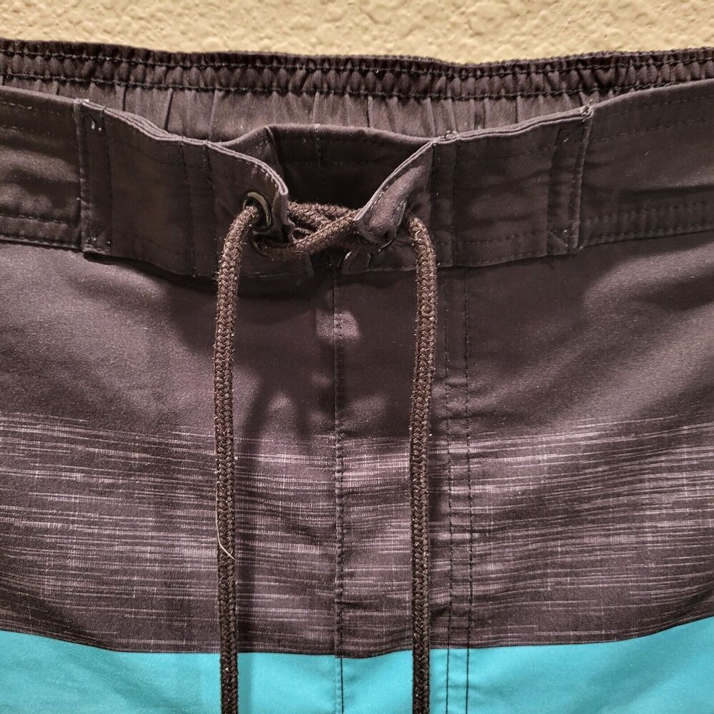 Sonoma Men's Size 2XB Swim Trunks Black Teal White Stripes Faux Fly Drawstring - Picture 8 of 16